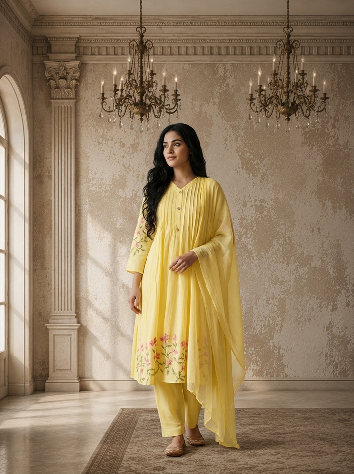 Yellow Silk Lily Floral Thread Embroidered Three Piece Set