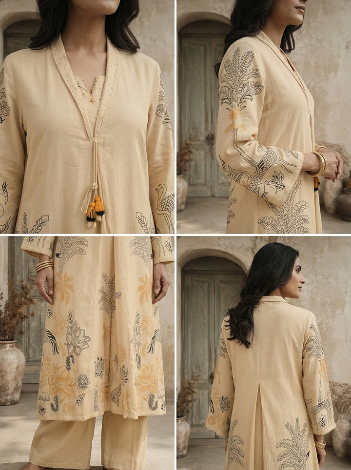 Beige Rayon Tropical Line Art Printed Two Piece Set