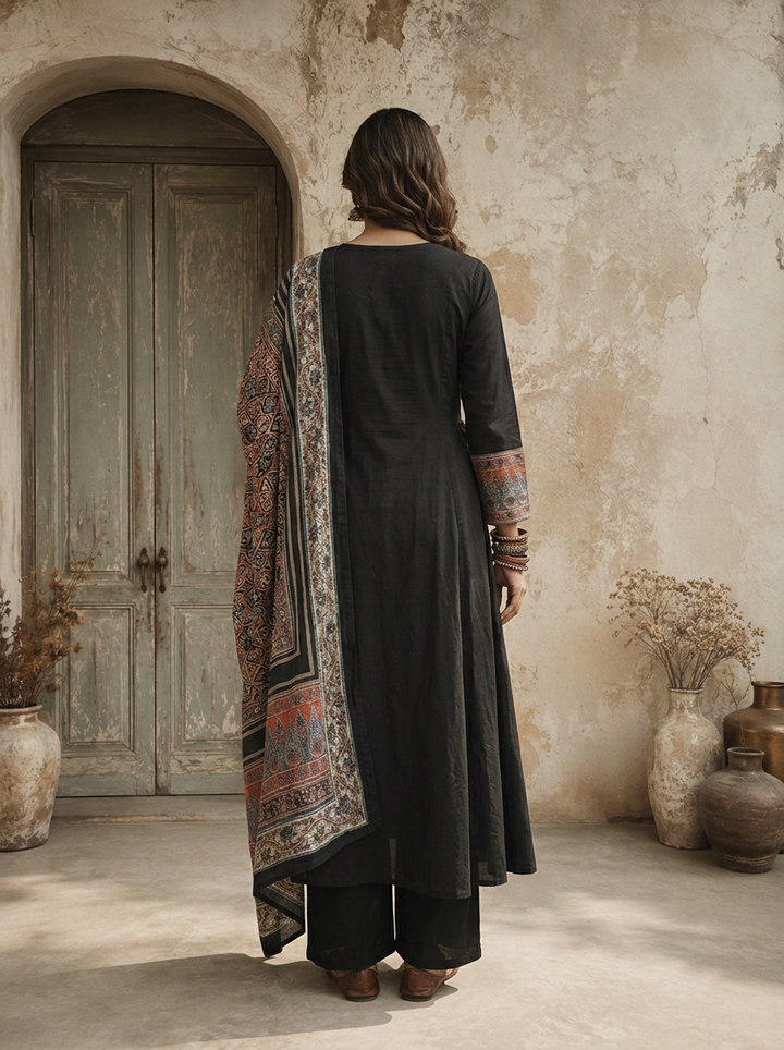 Black Cotton Ajrakh Printed Three Piece Set
