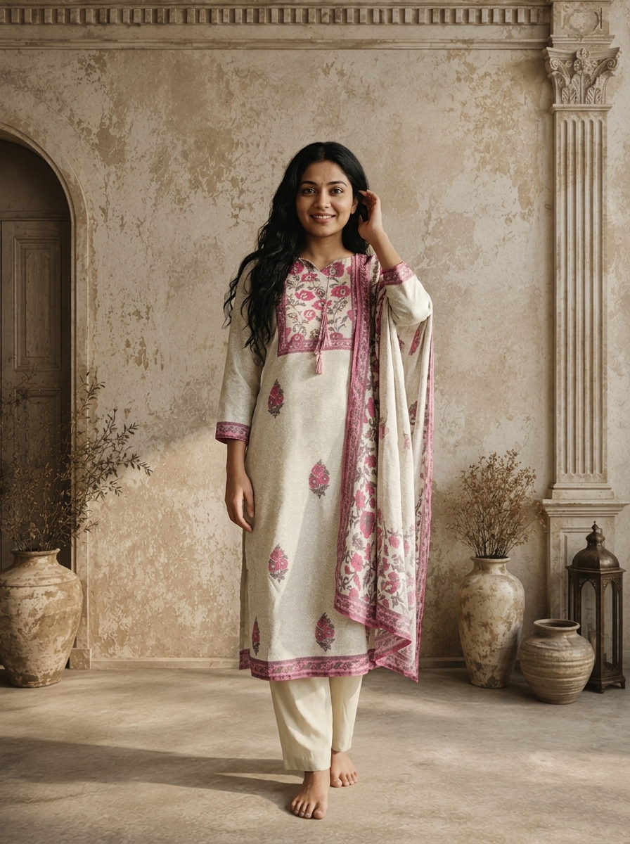 Lilac Modal Floral Mughal Boota Printed Three Piece Set
