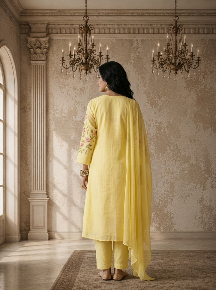 Yellow Silk Lily Floral Thread Embroidered Three Piece Set