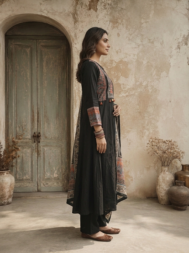 Black Cotton Ajrakh Printed Three Piece Set