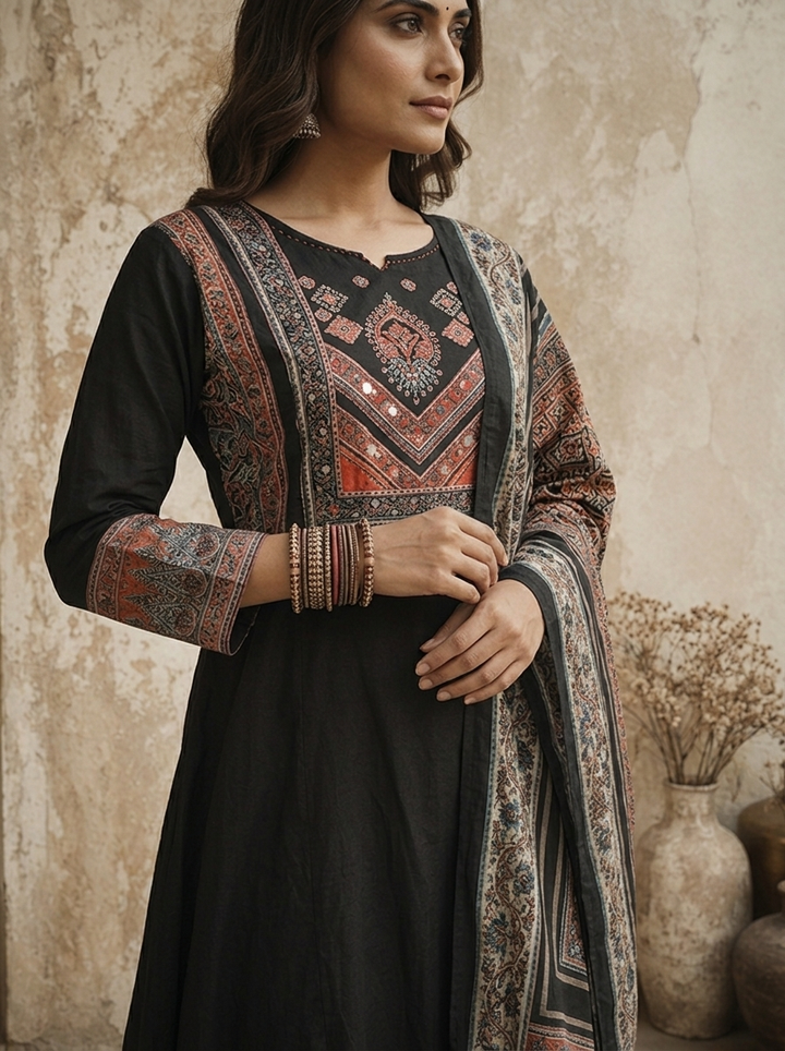 Black Cotton Ajrakh Printed Three Piece Set