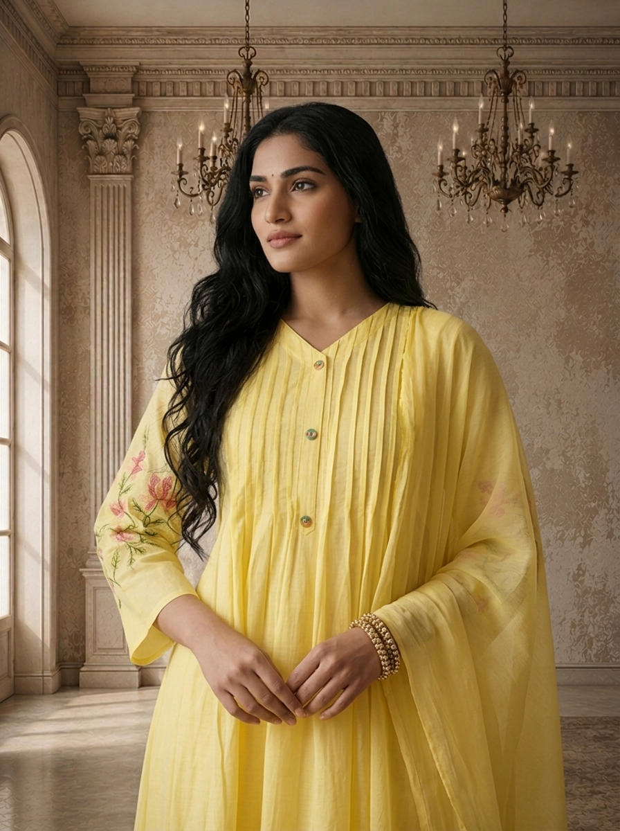 Yellow Silk Lily Floral Thread Embroidered Three Piece Set