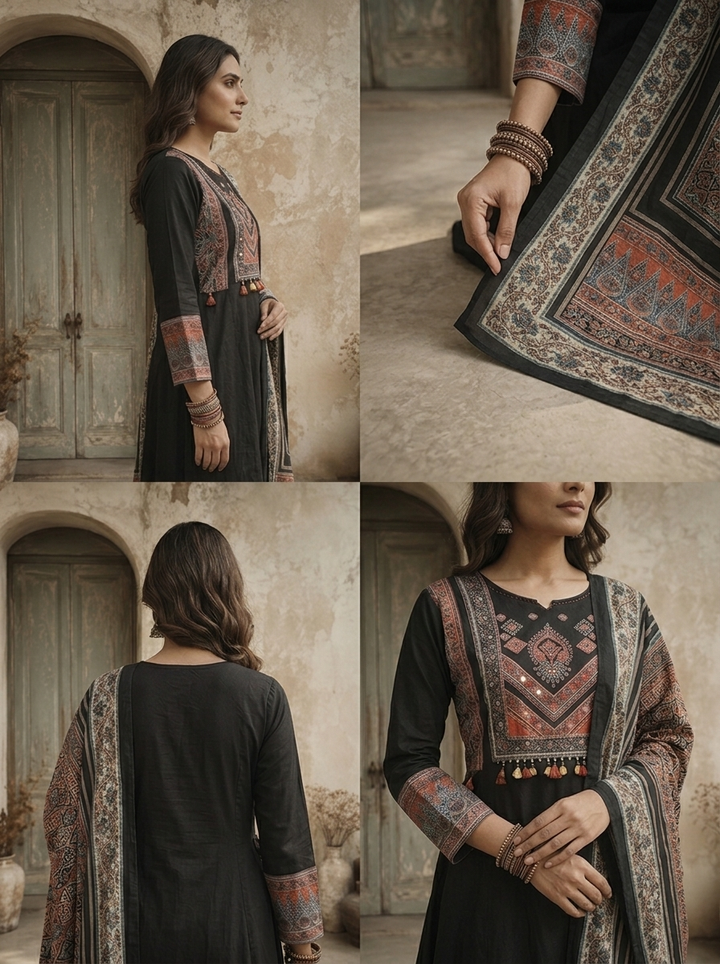 Black Cotton Ajrakh Printed Three Piece Set