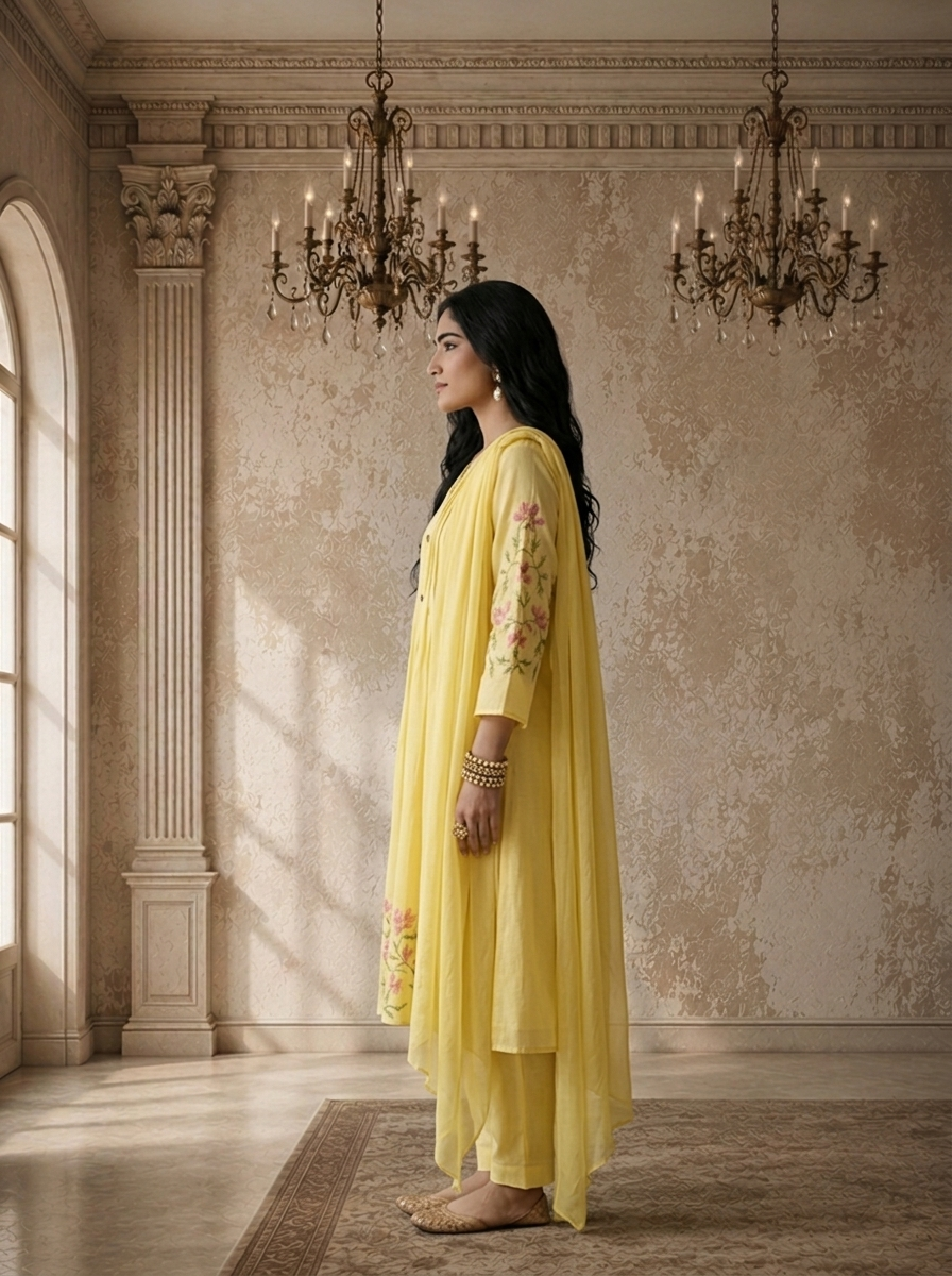 Yellow Silk Lily Floral Thread Embroidered Three Piece Set