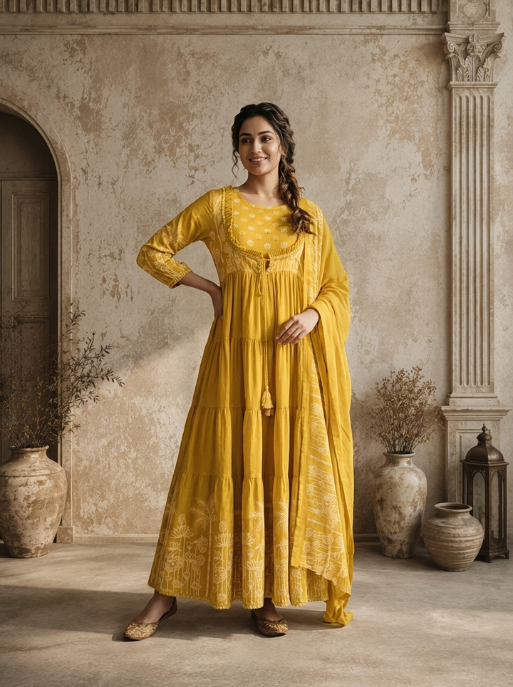 Mustard Yellow Palm Tree With Lotus Printed Three Piece Set