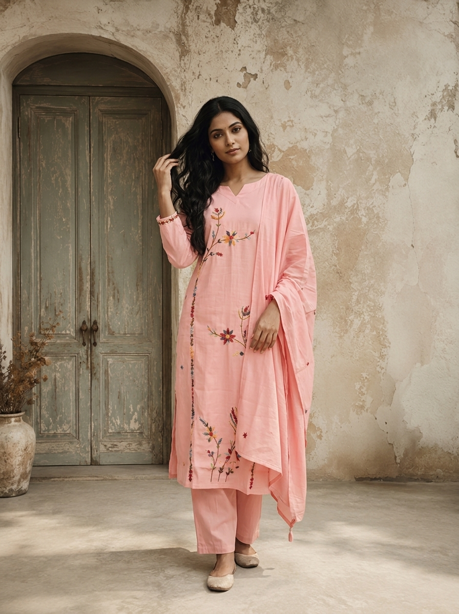 Baby Pink Silk Asymmetric Floral Boota Embroidered Three Piece Set