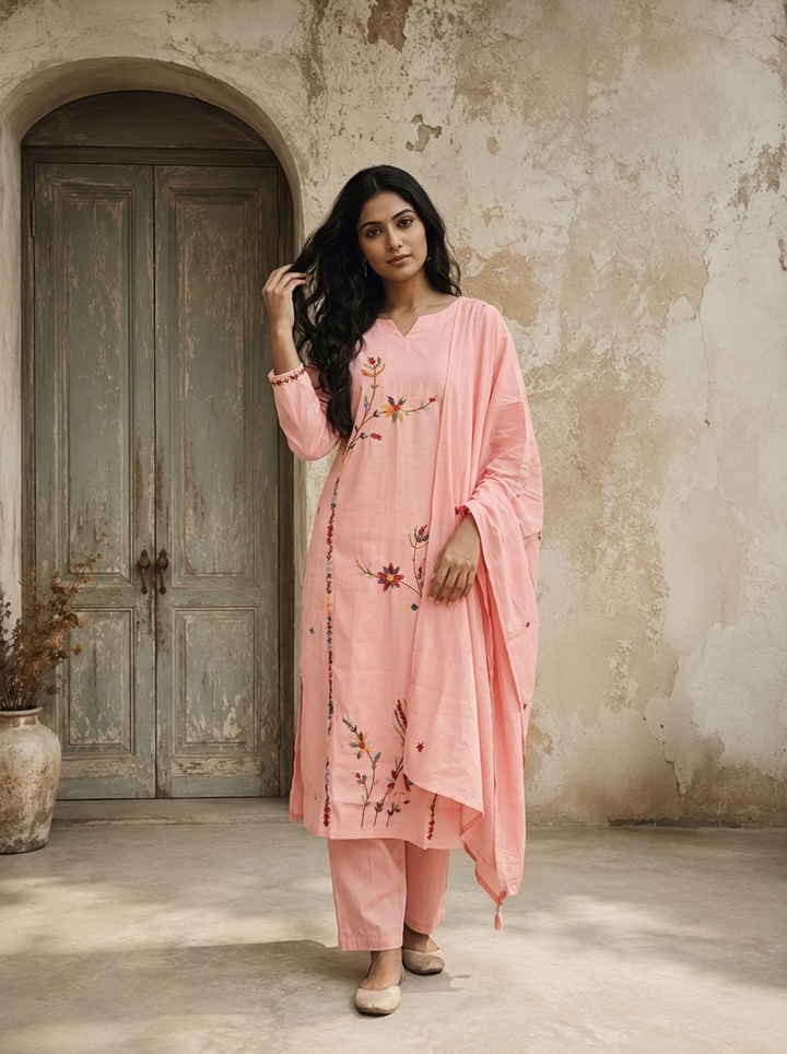 Baby Pink Silk Asymmetric Floral Boota Embroidered Three Piece Set