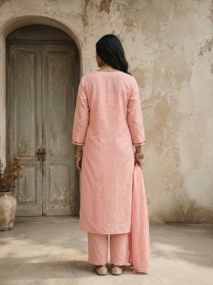 Baby Pink Silk Asymmetric Floral Boota Embroidered Three Piece Set