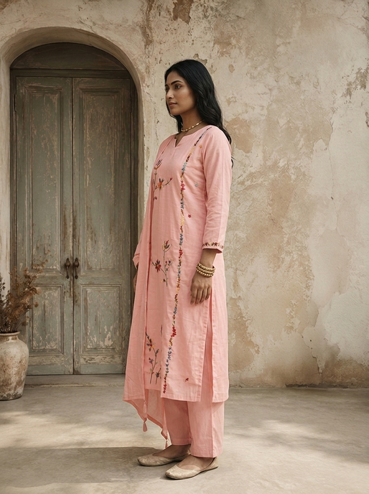 Baby Pink Silk Asymmetric Floral Boota Embroidered Three Piece Set