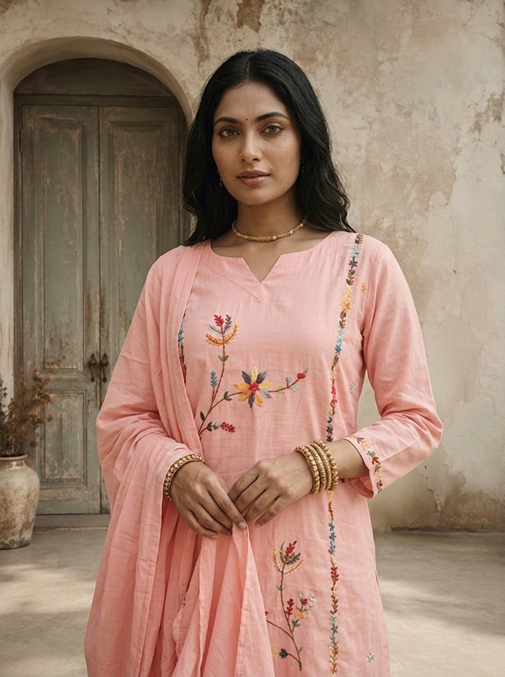 Baby Pink Silk Asymmetric Floral Boota Embroidered Three Piece Set