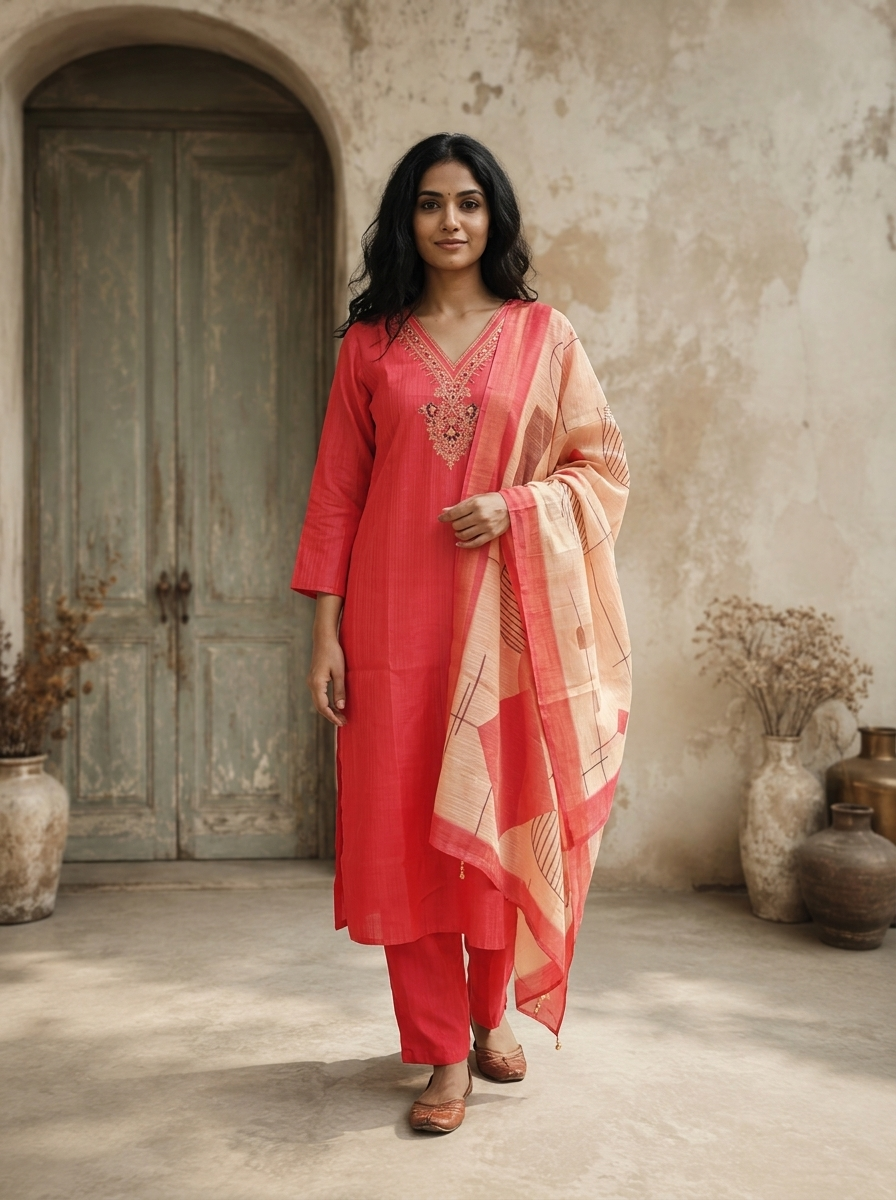Rose Pink Satin Zari Stripes Embroidered Three Piece Set