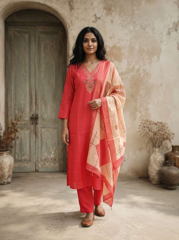 Rose Pink Satin Zari Stripes Embroidered Three Piece Set