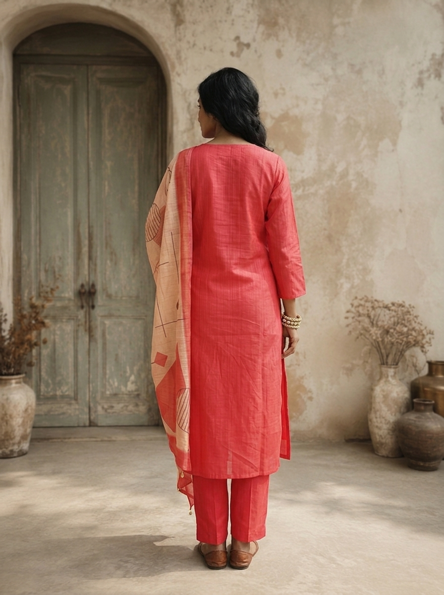 Rose Pink Satin Zari Stripes Embroidered Three Piece Set