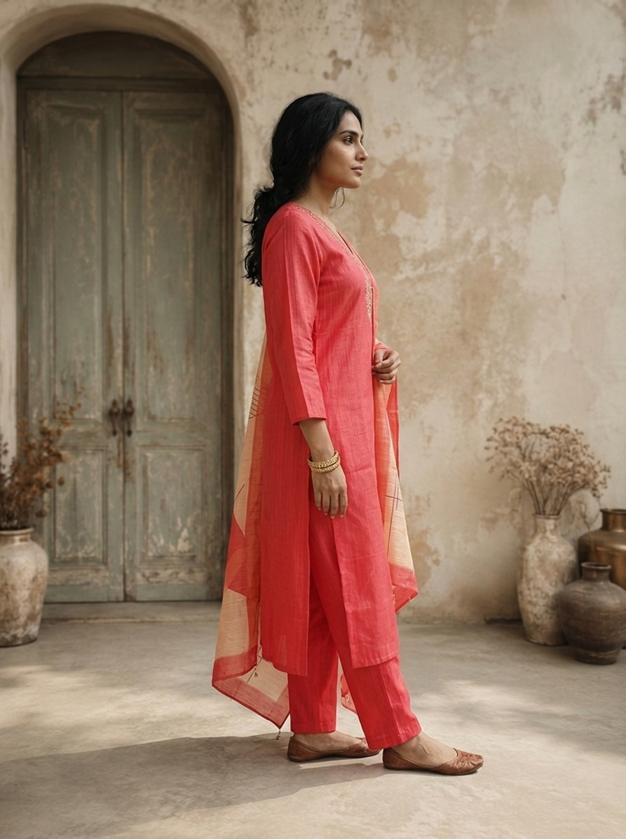 Rose Pink Satin Zari Stripes Embroidered Three Piece Set