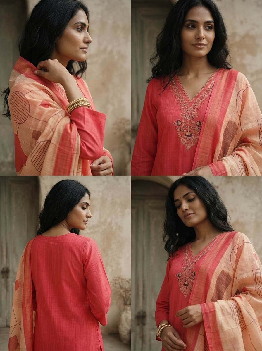 Rose Pink Satin Zari Stripes Embroidered Three Piece Set