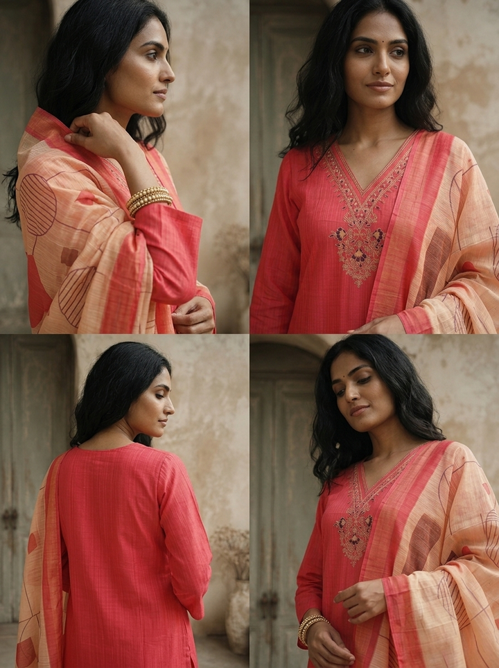 Rose Pink Satin Zari Stripes Embroidered Three Piece Set