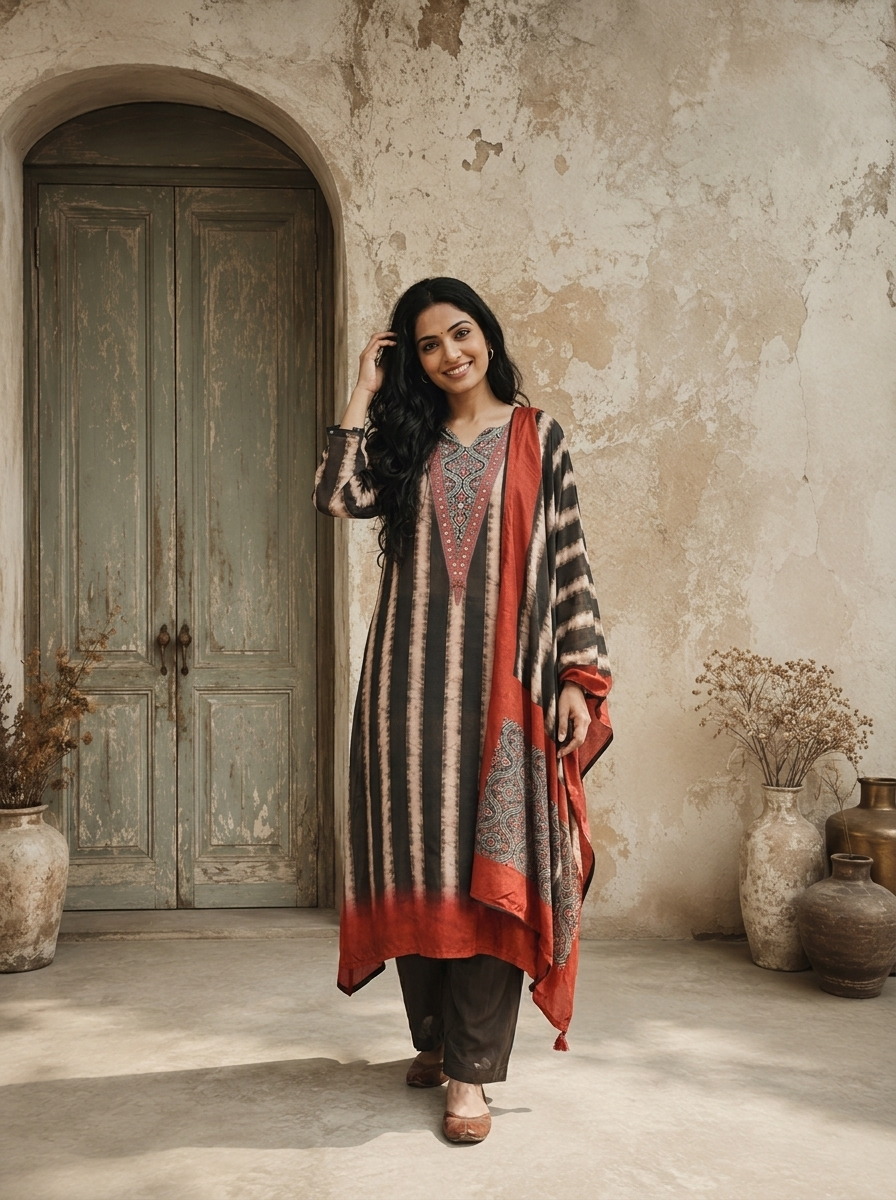 Black Rayon Vertical Shibori Tie-Dye Stripes Printed Three Piece Set