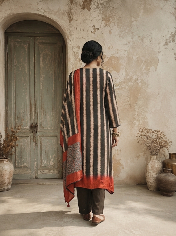 Black Rayon Vertical Shibori Tie-Dye Stripes Printed Three Piece Set