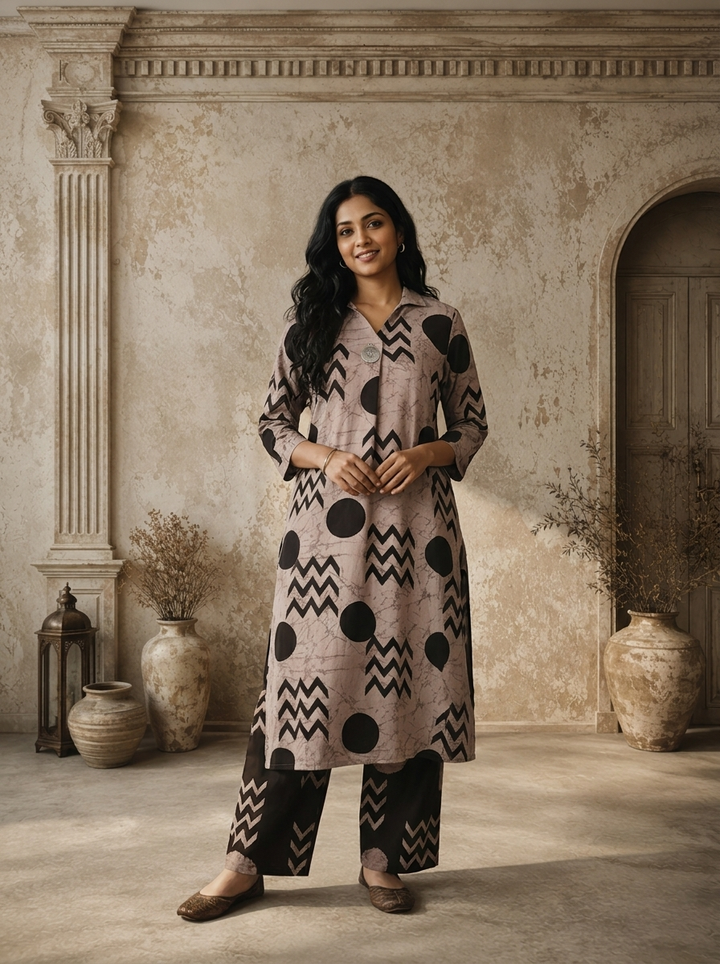 Taupe Black Cotton Zigzag Chevron With Polka Dot Printed Two Piece Set