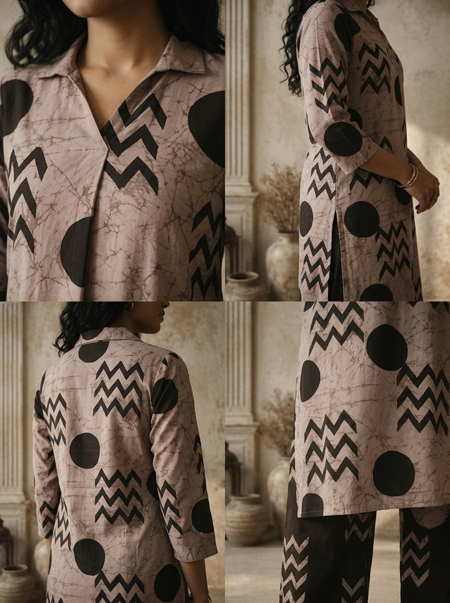 Taupe Black Cotton Zigzag Chevron With Polka Dot Printed Two Piece Set