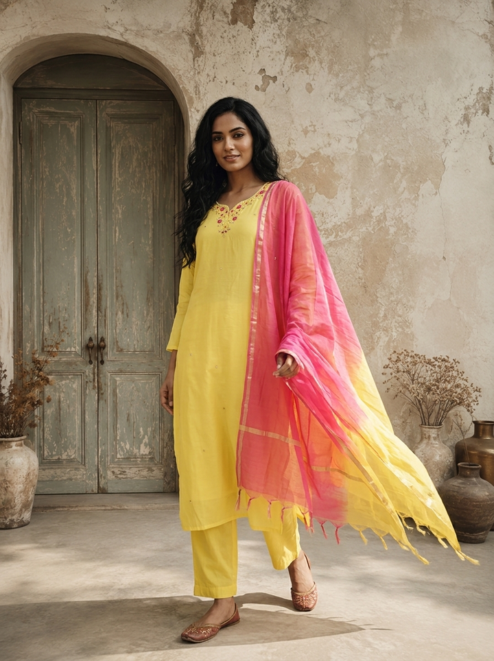 Yellow Chanderi Floral Zardozi Embroidered Three Piece Set