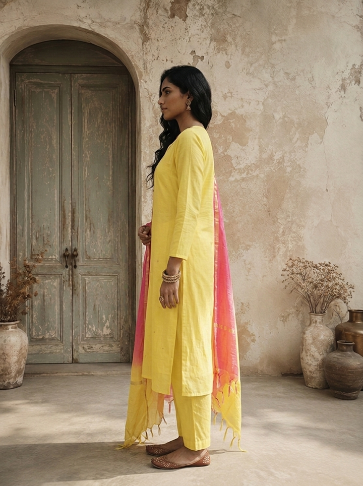 Yellow Chanderi Floral Zardozi Embroidered Three Piece Set