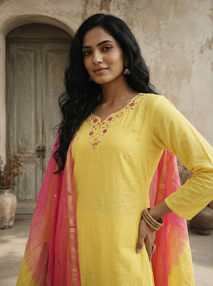 Yellow Chanderi Floral Zardozi Embroidered Three Piece Set