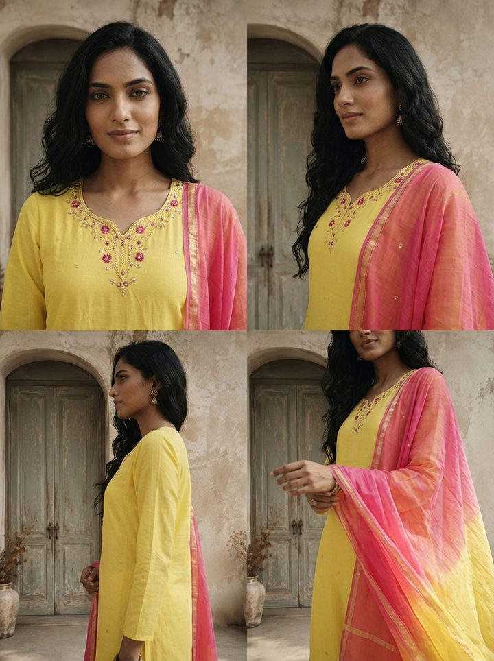 Yellow Chanderi Floral Zardozi Embroidered Three Piece Set