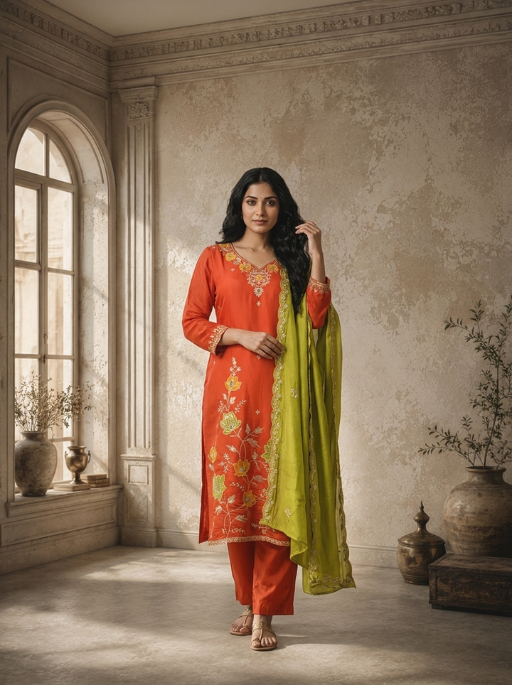 Burnt Orange Chanderi Lotus Jaal Embroidered Three Piece Set