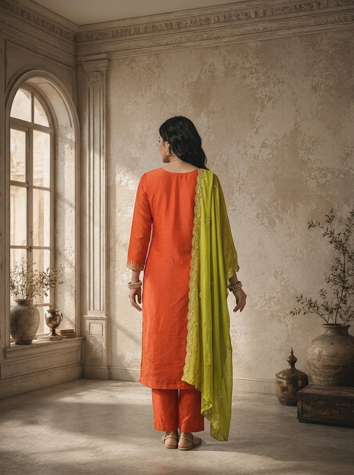 Burnt Orange Chanderi Lotus Jaal Embroidered Three Piece Set