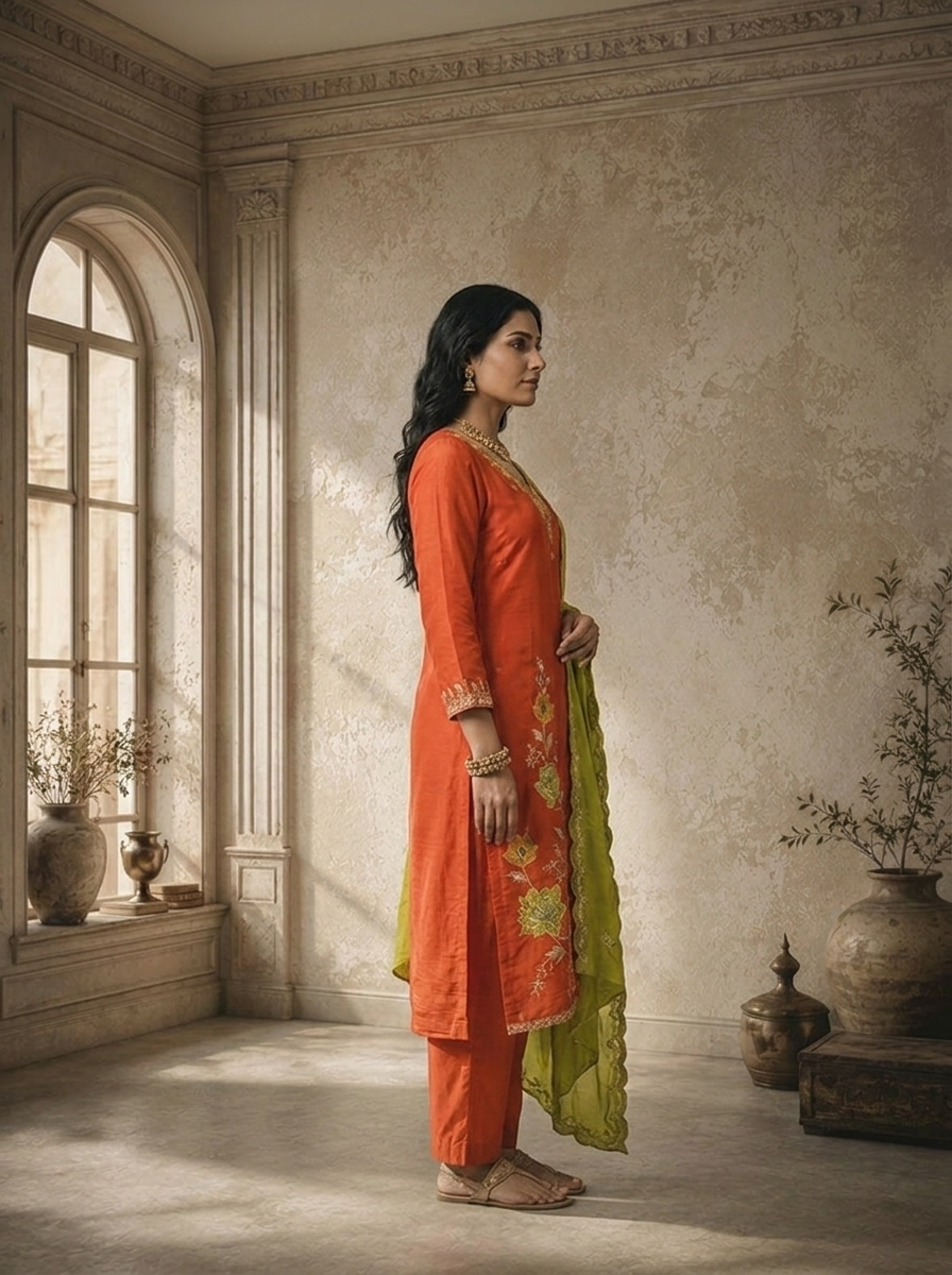 Burnt Orange Chanderi Lotus Jaal Embroidered Three Piece Set
