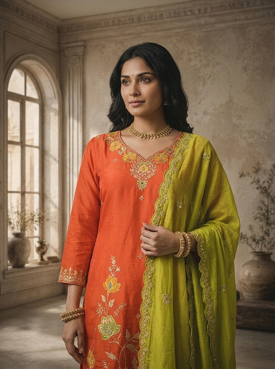 Burnt Orange Chanderi Lotus Jaal Embroidered Three Piece Set