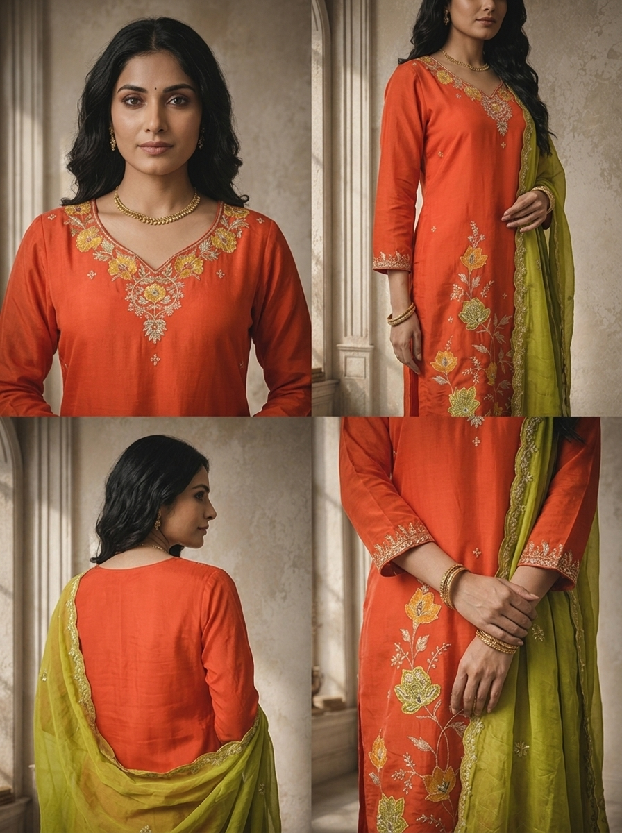 Burnt Orange Chanderi Lotus Jaal Embroidered Three Piece Set