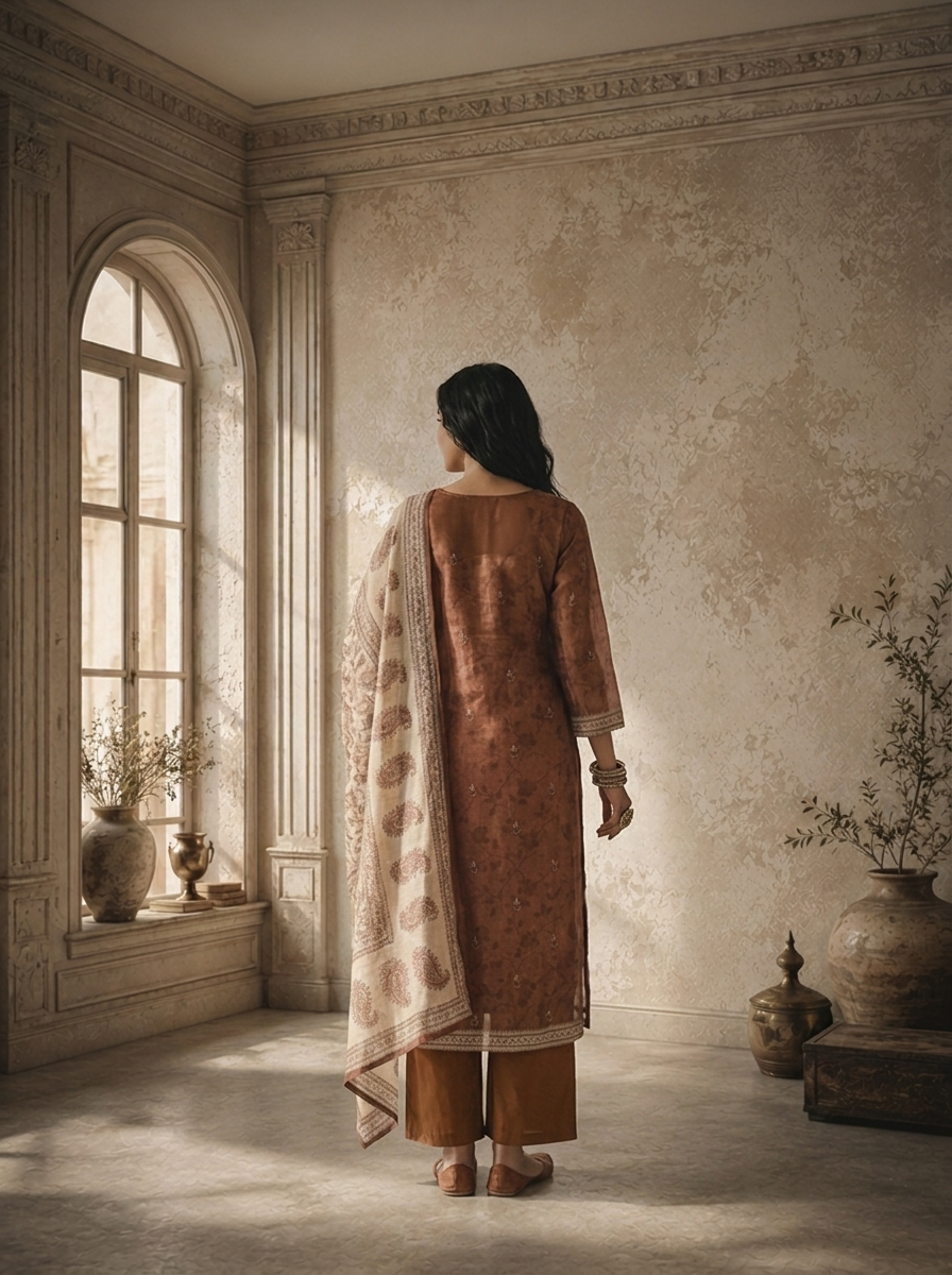 Brown Chanderi Floral Jaal Texture Printed Three Piece Set