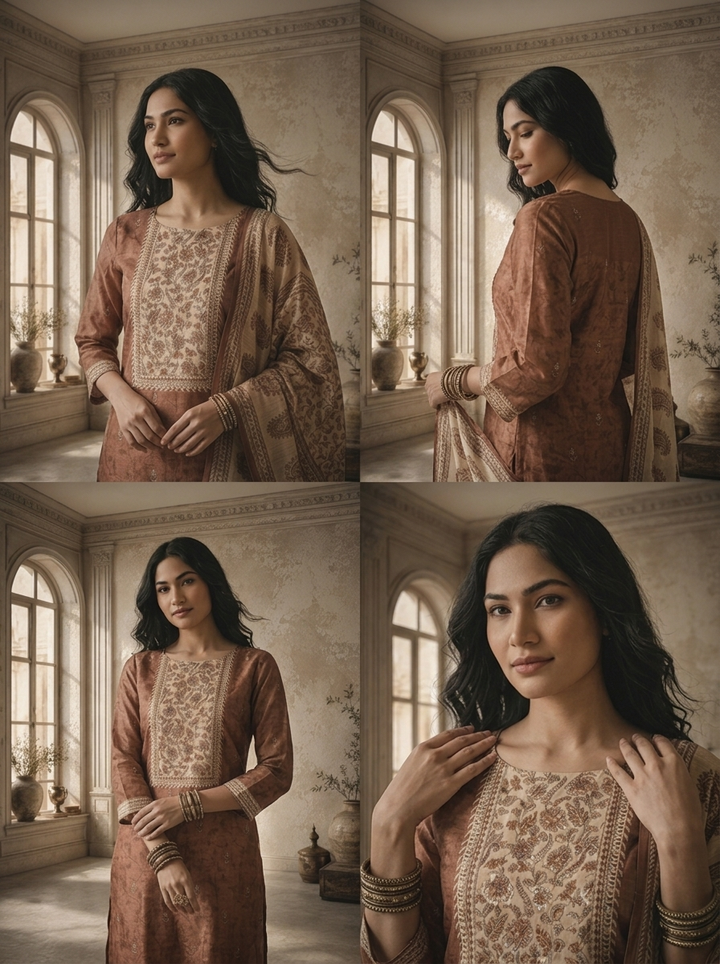 Brown Chanderi Floral Jaal Texture Printed Three Piece Set