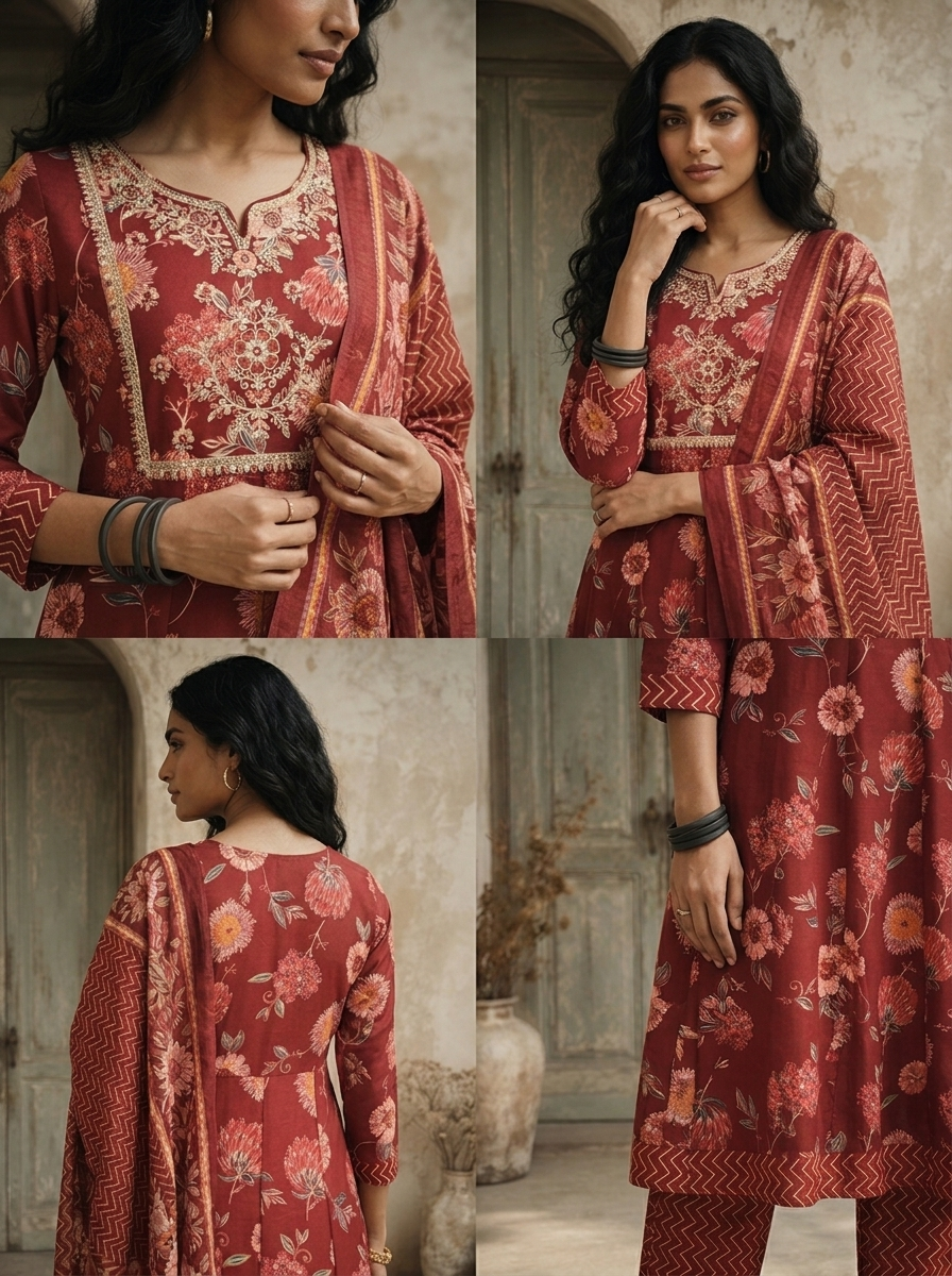 Burgundy Rayon Sunflower Floral Printed Three Piece Set