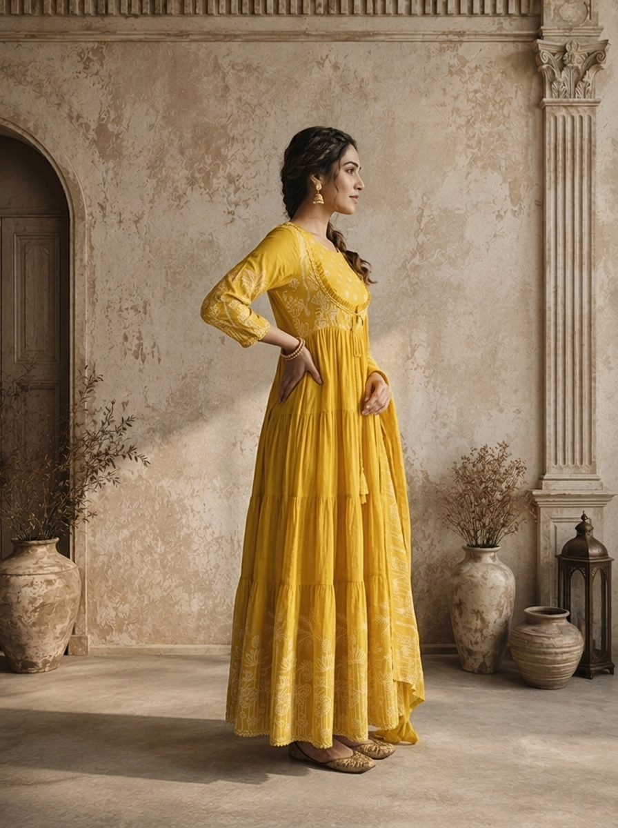 Mustard Yellow Palm Tree With Lotus Printed Three Piece Set
