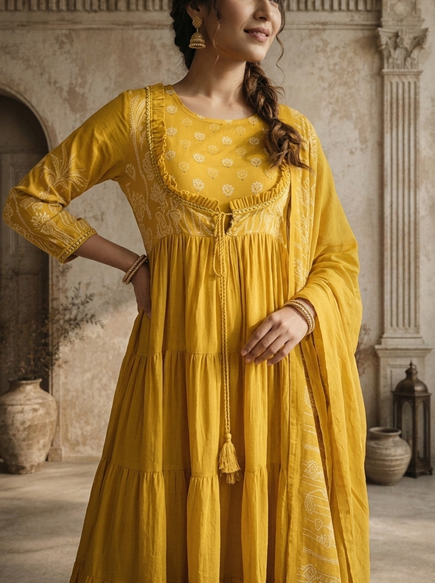 Mustard Yellow Palm Tree With Lotus Printed Three Piece Set