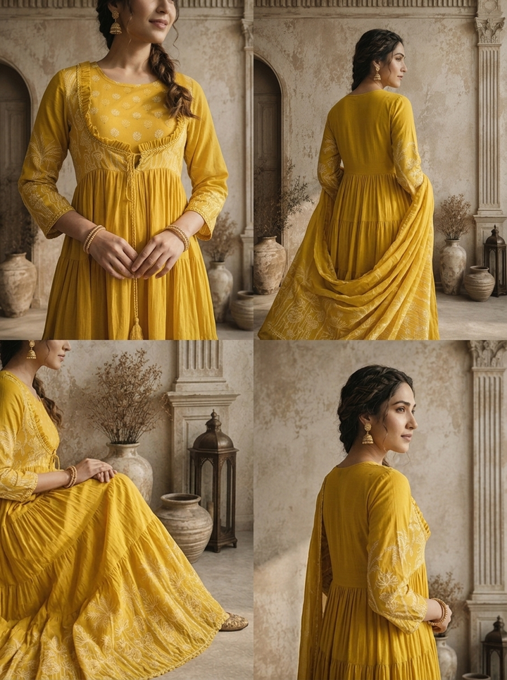 Mustard Yellow Palm Tree With Lotus Printed Three Piece Set