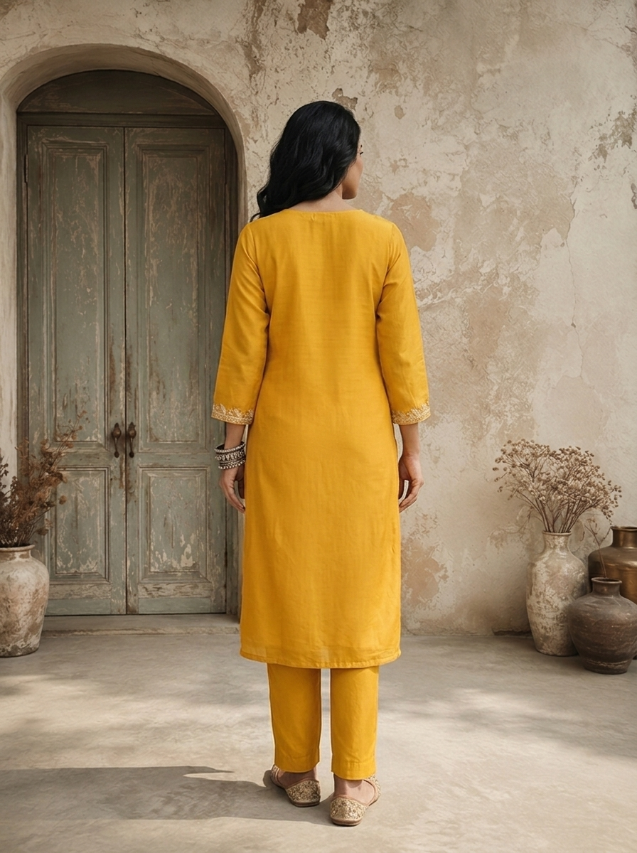 Mustard Chanderi Lotus Jaal Embroidered Three Piece Set