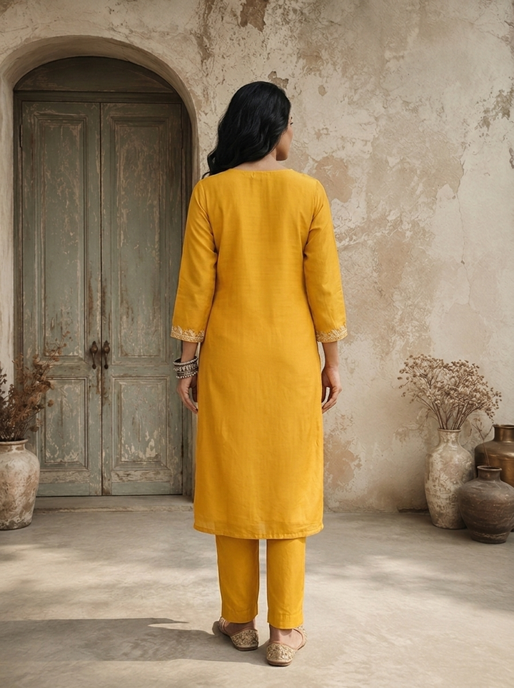 Mustard Chanderi Lotus Jaal Embroidered Three Piece Set