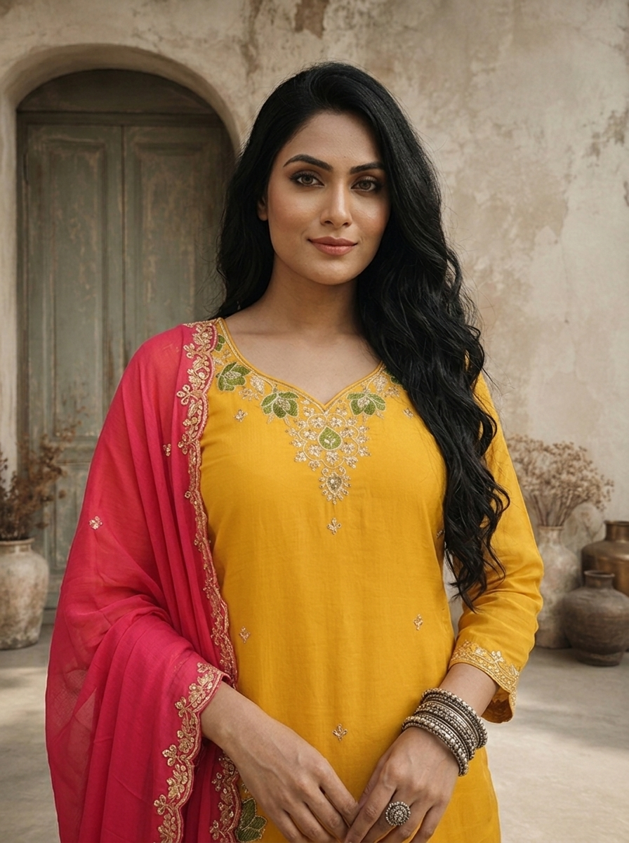 Mustard Chanderi Lotus Jaal Embroidered Three Piece Set