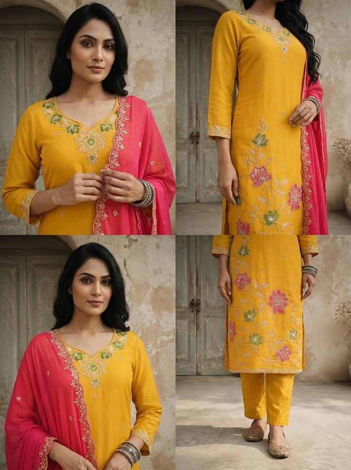 Mustard Chanderi Lotus Jaal Embroidered Three Piece Set