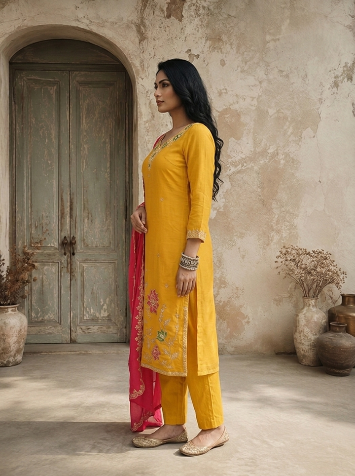 Mustard Chanderi Lotus Jaal Embroidered Three Piece Set