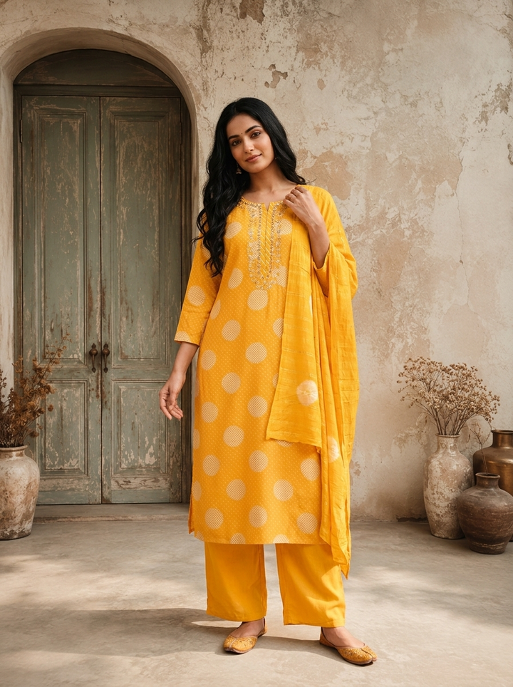 Mustard Silk Zigzag With Polka Dot Printed Three Piece Set