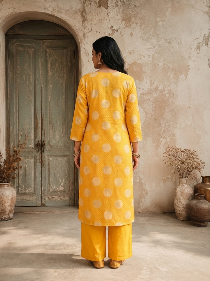 Mustard Silk Zigzag With Polka Dot Printed Three Piece Set