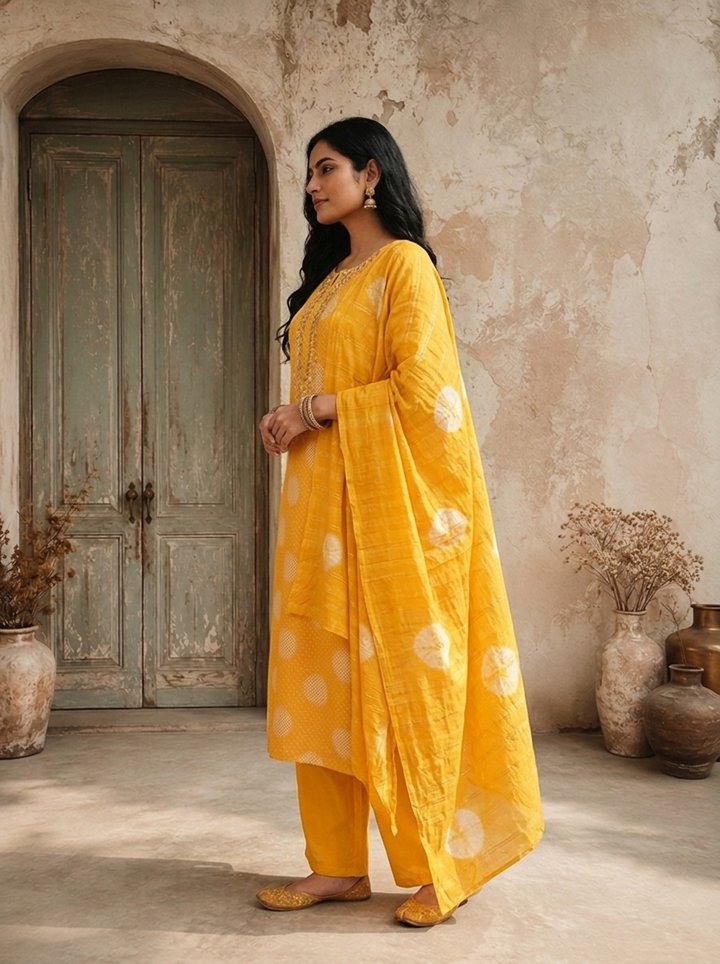 Mustard Silk Zigzag With Polka Dot Printed Three Piece Set