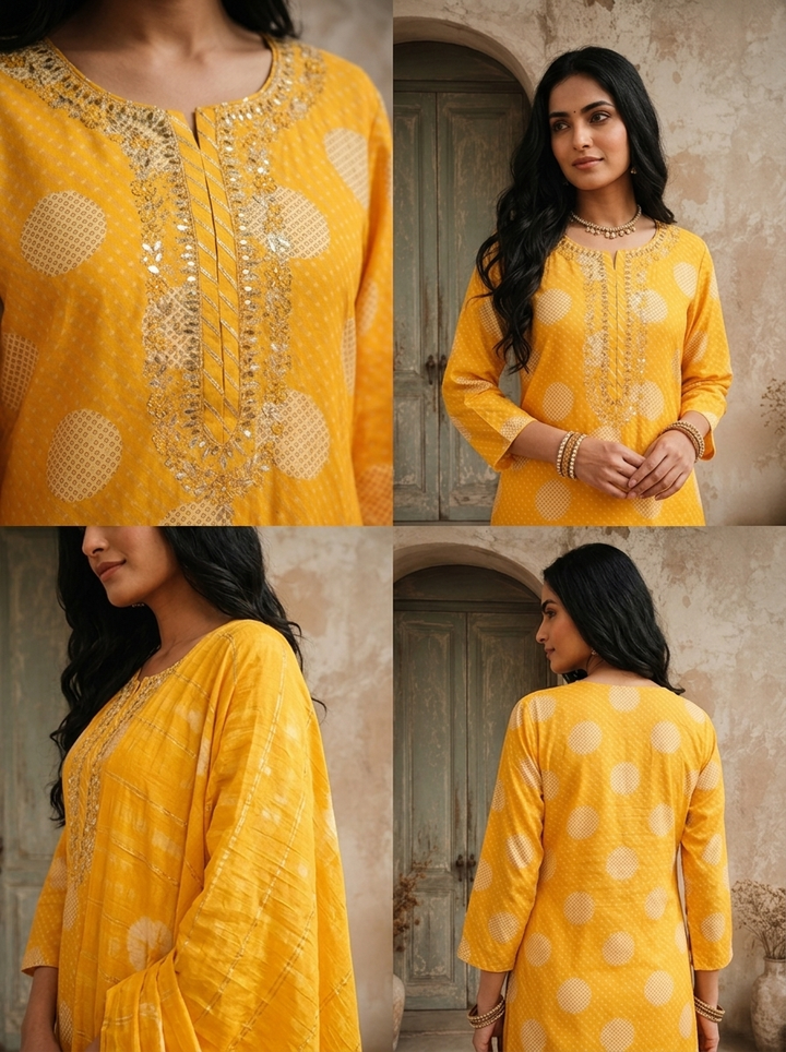 Mustard Silk Zigzag With Polka Dot Printed Three Piece Set